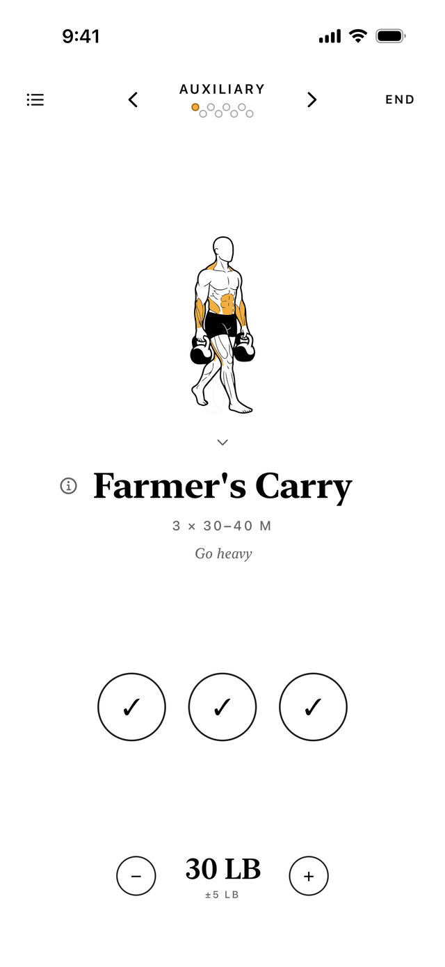 A farmer's carry on the phone: three sets of thirty to forty metres, checked off rather than counted, with the weight underneath.