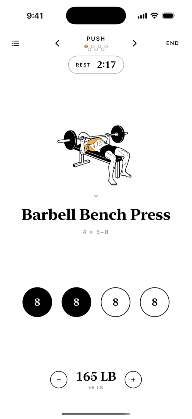 An exercise screen: Barbell Bench Press with a form figure, four set circles, a rest countdown, and the weight with plus and minus controls.