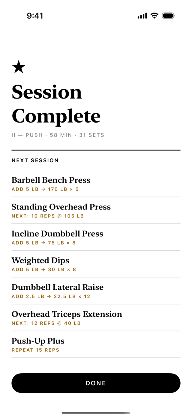 The Session Complete screen. Under Next Session, each lift shows its new target, such as add 5 pounds for 170 by 5.