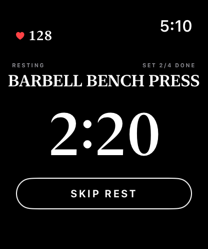 The watch during rest: a countdown at 2:20 and a Skip Rest button.
