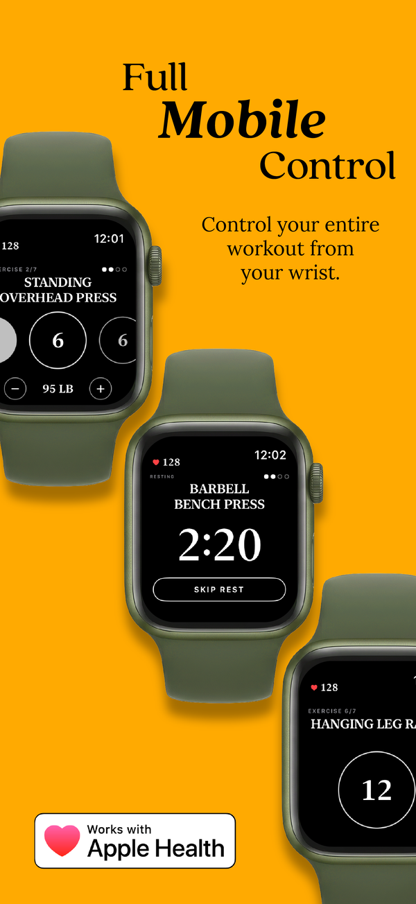 App Store page five: Full mobile control. Three watches showing a lift, a rest and a hanging leg raise, with a Works with Apple Health badge.