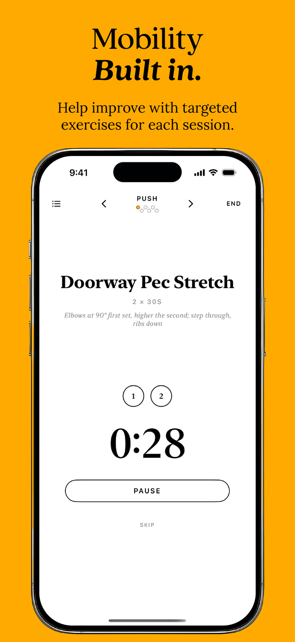App Store page six: Mobility built in. The Doorway Pec Stretch counting down on the phone.