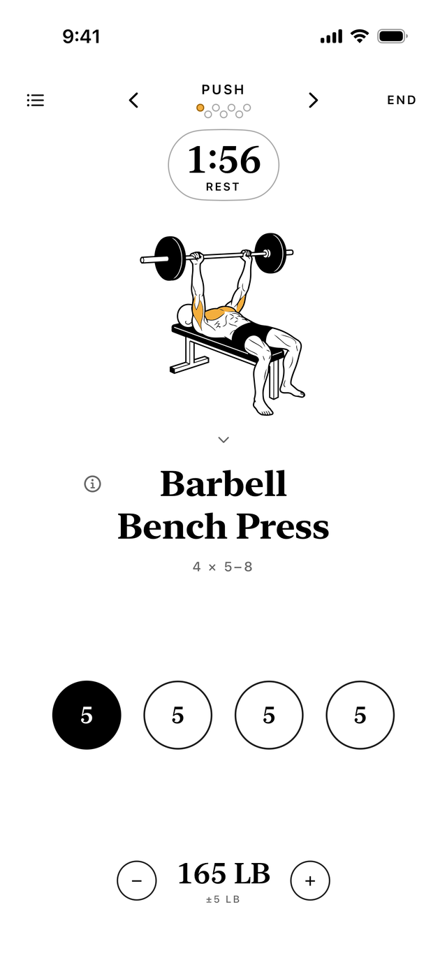 Barbell Bench Press mid-session: a rest countdown above the form drawing, four set circles, and the weight with plus and minus controls.