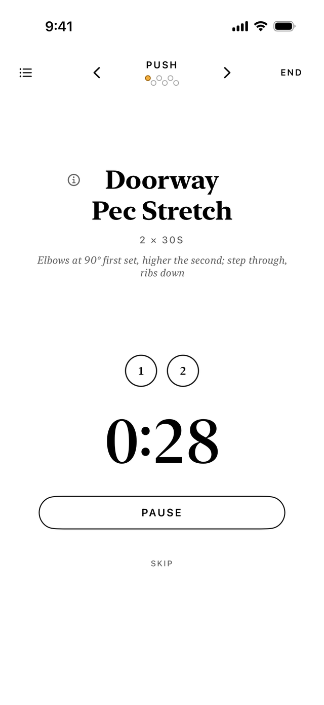 A mobility hold, the Doorway Pec Stretch, counting down from thirty seconds with a Pause button.