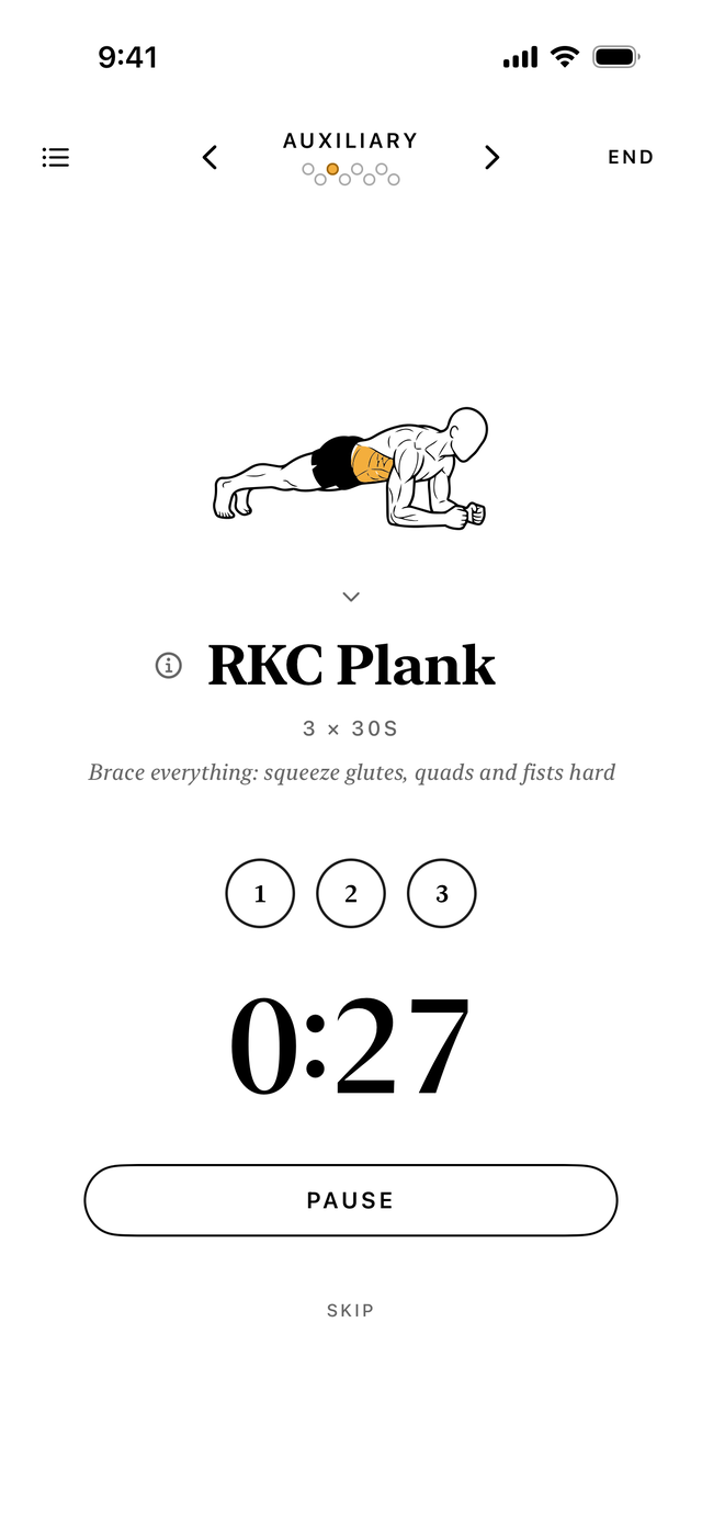 The RKC Plank on the phone: a timed hold with its own start control, over the form drawing.